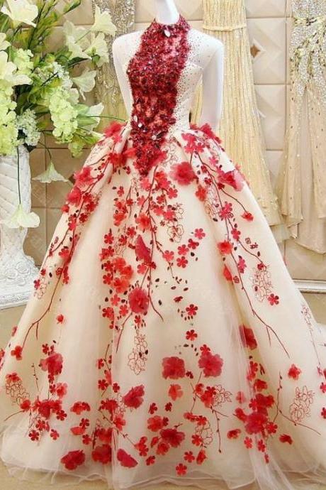 Prom Dresses , Gorgeous Flowerrs Beading High Neck Sleeveless Sweep Train Floor Length Ball Gown Dress Quinceanera Dresses M1363