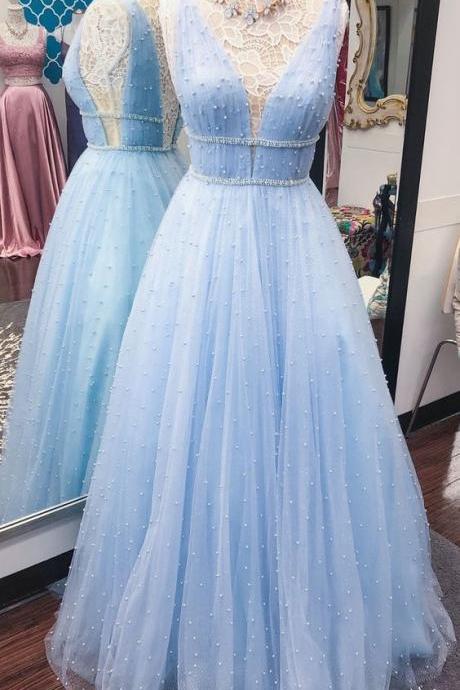 Elegant A-line Light Sky Blue Long Prom Dress With Pearls M1378