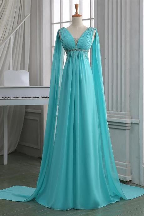 Sequins Ruched V Neck Empire Prom Dress, Turquoise Floor Length Sweep Train Prom Dress, Unique Lace-up Long Chiffon Prom Dress M1381
