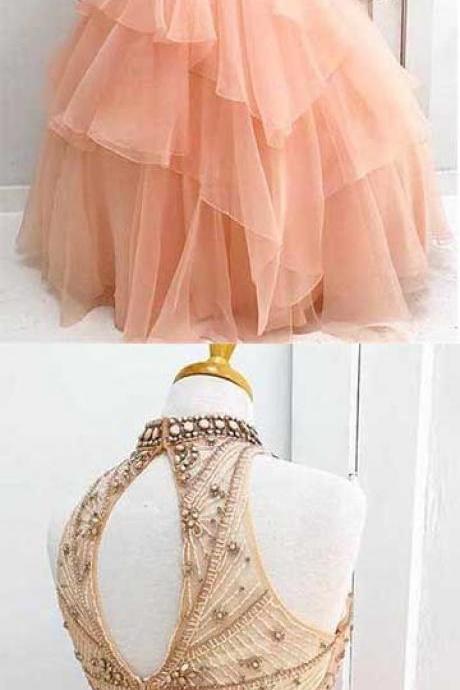 Charming High Neck Prom Dresses,ruffle Beading Evening Dress,ball Gown Long Open Back Formal Prom Dress, M1384