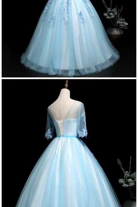 Blue 1/2 Sleeves Tulle Lace Prom Dresses,applique Sheer-straps Jewel Sweet 16 Dress M1396