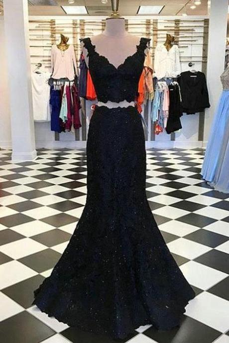 Elegant Black Lace Mermaid Prom Dresses Formal Two Pieces Prom Party Gowns M1398