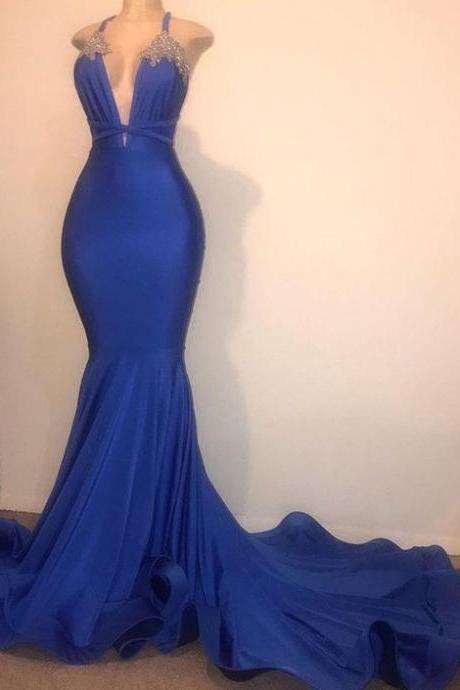 Royal Blue Spaghetti Straps Prom Dresses Mermaid Backless V-neck Mermaid Evening Gowns Sleeveless Girl Prom Party Dresses M1401