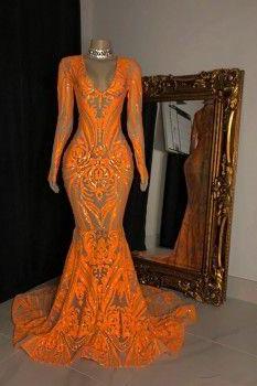 Orange Sheer Plunging Long Sleeve Mermaid Prom Dress M1402