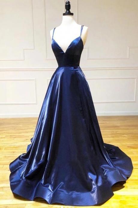 Classic Spaghetti Straps Navy Blue Satin Evening Gowns A Line Prom Dress Custom Made Party Gowns M1405