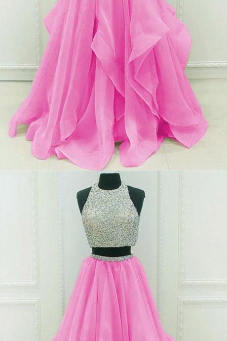 Sequins Beaded Organza Layered Two Piece Ballgowns Prom Dress M1411