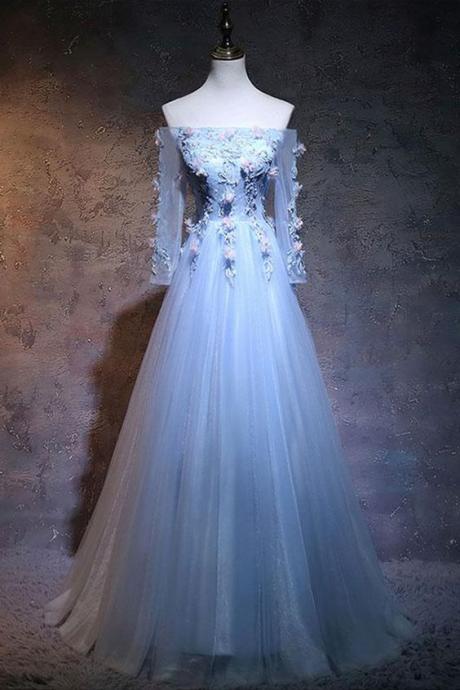 Spring Blue Tulle Strapless Long Evening Dress With Sleeves M1415
