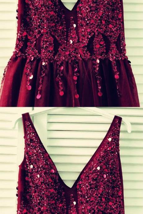 Sparkle Sequin Beaded Tulle Prom Dress Long Burgundy Evening Gown M1425