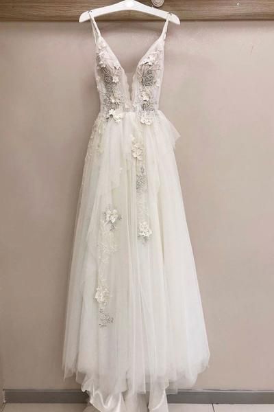 White Tulle V Neck Lace Applique Long Senior Prom Dress M1436