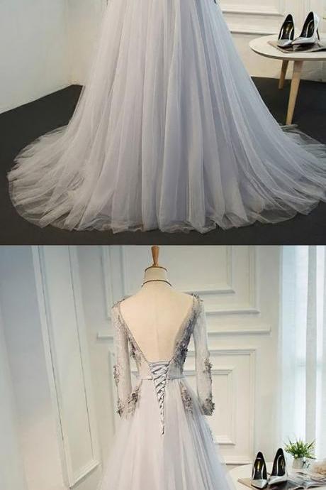 Elegant Grey A Line Formal Long Prom Dress With Long Tulle Sleeves m1447