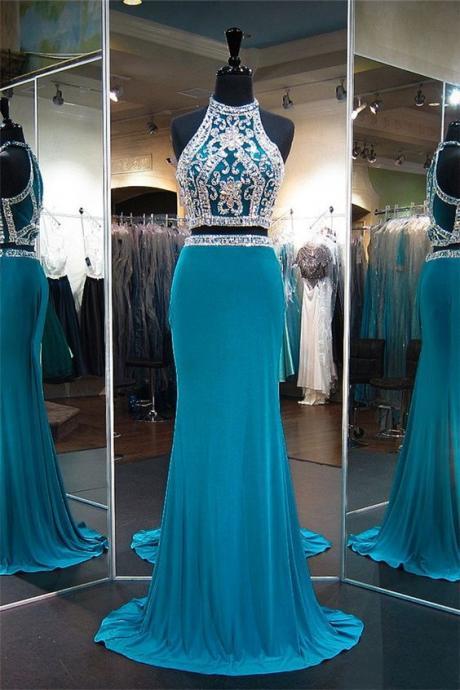 Sheath High Neck Two Piece Teal Jersey Beaded Prom Dress M1460