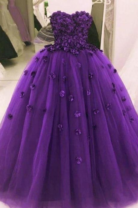 Purple Tulle Flowers Prom Dress Sweetheart A Line Formal Evening Dresses Long Party Gowns M1462