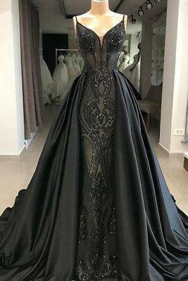 Black Shiny Sequined Satin Detachable Prom Evening Party Dress Celebrity Gown M1464