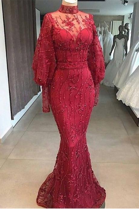 Modest Red Mermaid Dubai Abaya Kaftan Arabic Prom Evening Dress High Neck Long Sleeves With Beading M1467
