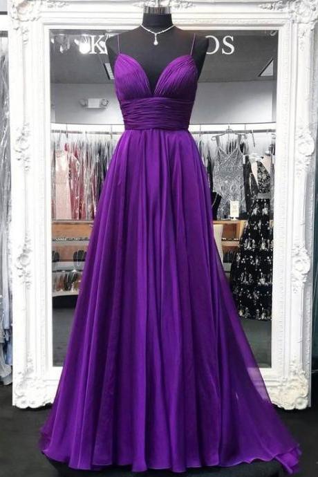 Simple Purple Chiffon Spaghetti Straps Long V-neck Prom Dress, Custom Size Evening Dress M1468