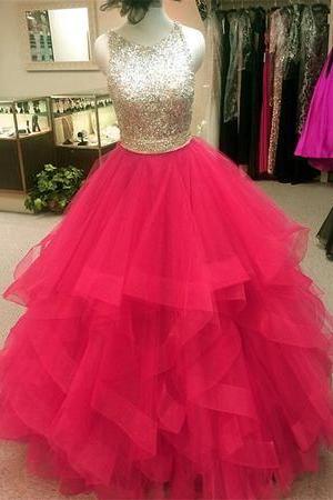 Prom Dresses Ball Gowns Organza Ruffle With Sequin Beaded And Keyhole Back M1470