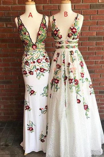 Gorgeous White And Floral Embroidery Long Prom Dresses M1476