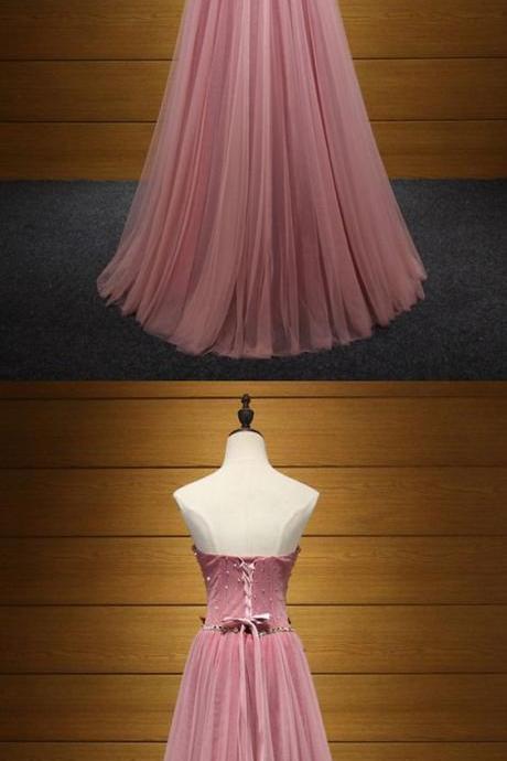 Princess Long Pink Prom Dress Strapless With Beading Flowers M1487
