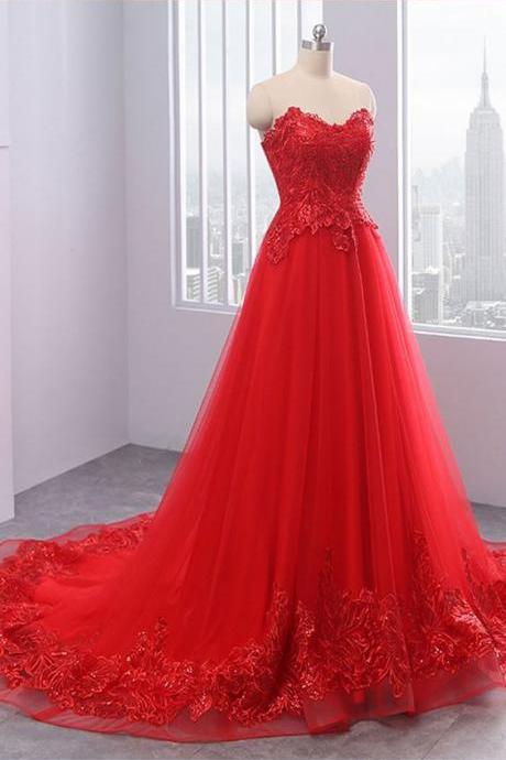 Red Lace Tulle Long Prom Dress, Evening Dress M1488