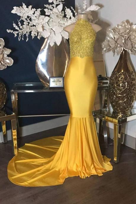 Luxury Gold Lace Appliques Black Long Prom Dresses M1492