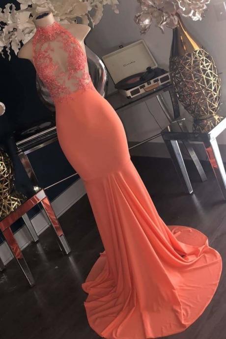 Wonderful Sleeveless Halter Lace Appliques Long Mermaid Prom Dresses M1496
