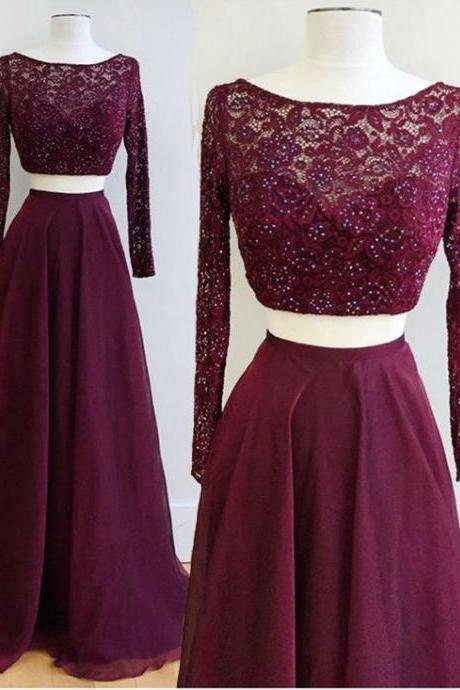 Grape Two Piece Prom Dresses With Long Sleeves Wedding Party Dresses Formal Dresses With Keyhole Back M1499