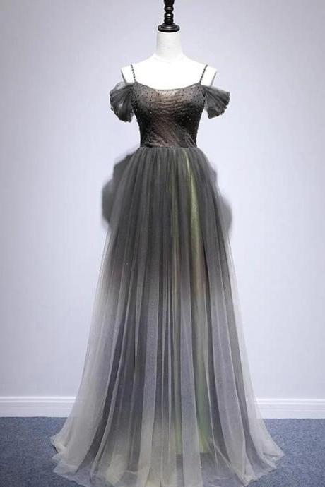 Beautiful Grey Floor Length Long Straps Party Dress, Long Prom Dress M1512