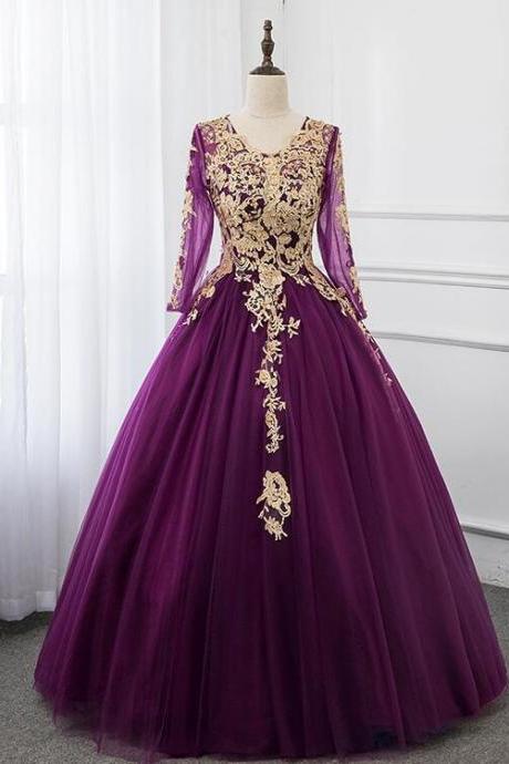 Beautiful Purple Tulle Long Sleeves With Lace Applique Party Dress, Long Formal Dress M1517