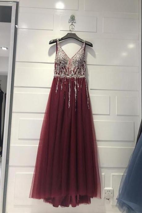 Charming Sparkle Sequins And Beaded Burgundy Party Dress, V-neckline Prom Dress M1518