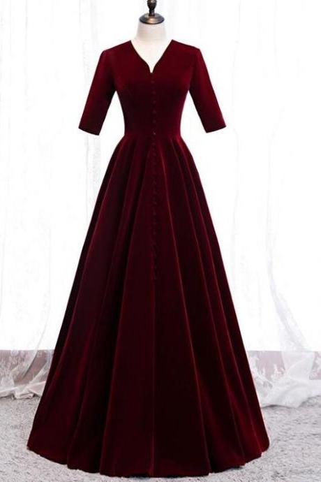 Elegant Velvet Wine Red V-neckline Floor Length Party Dress, Beautiful Prom Dress M1519