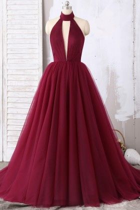 Burgundy Halter Plunging Tulle Ball Gown Prom Dress M1521