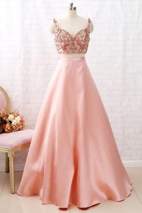  Two Piece V Neck Beaded Satin Peach Prom Dress Formal Evening Gown m1522