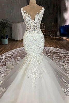 Tulle Mermaid Wedding Dresses Appliques Gorgeous Train Lace Long Bridal Gowns M1527