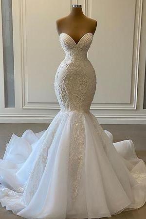 Luxury Mermaid Wedding Dress Lace Long Bridal Gowns M1528