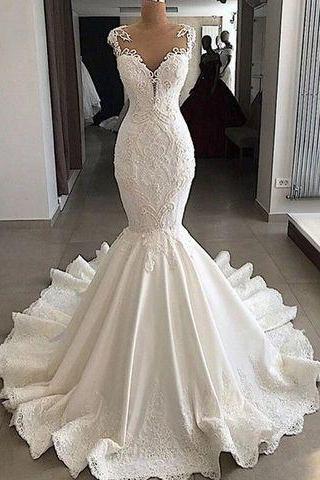 Mermaid Wedding Dresses Beaded Lace Satin Bride Wedding Gowns Dress M1529