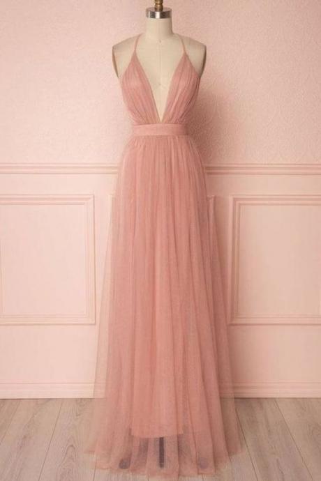 Pink Low V-neck Tulle A-line Evening Dress With Spaghetti Straps M1534