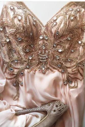 Blush Prom Dress A-line Straps Chiffon Beads Modest Prom Dresses Long Evening Dress M1543