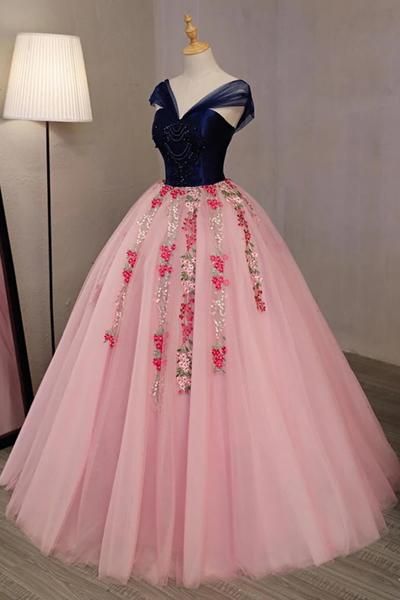 Pink Tulle V Neck Long Embroidery Lace Evening Dress With Cap Sleeve, Prom Dress M1545