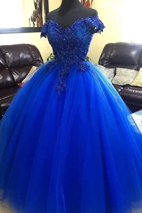 Blue Tulle Long Lace Evening Dress Prom Dress M1548