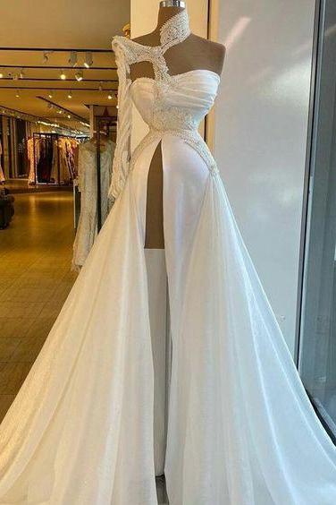 White Prom Dresses, High Neck Prom Dresses, Side Slit Prom Dresses M1554