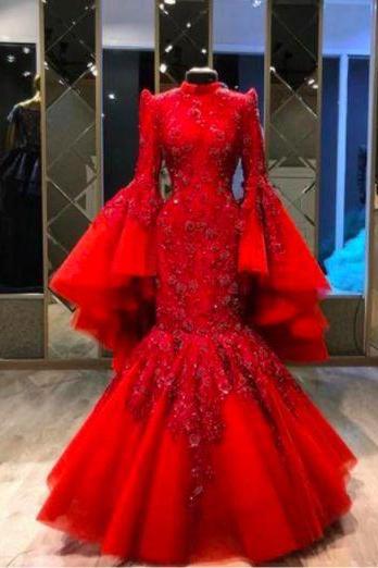 Red Prom Dresses, Custom Make Evening Dress, Mermaid Prom Dress, Lace Prom Dress M1555