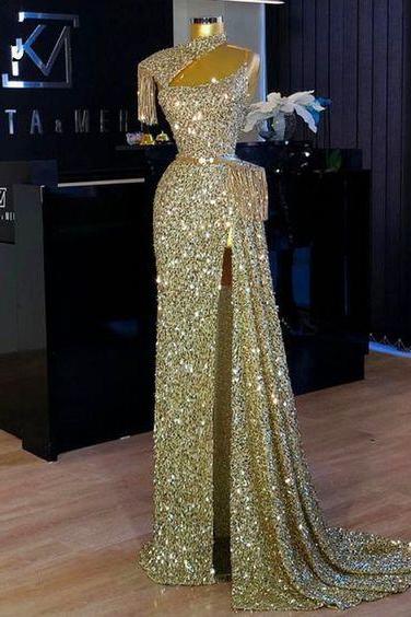 Gold Sequined Straight Prom Dresses High Neck Tassels Sexy High Side Split Robe De Soirée Party Gowns M1557