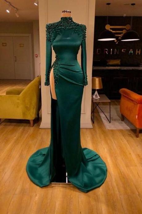 Green Beaded Evening Dresses Long 2021 High Neck Mermaid Elegant Sexy Formal Dresses M1558