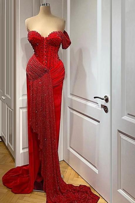 Prom Dresses 2021 Red One Shoulder Beading Pearls Mermaid Satin Long Evening Dress Gowns M1560
