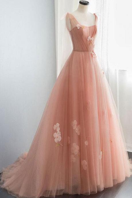 Pink Tulle Long Prom Dress, Pink Tulle Evening Dress M1562