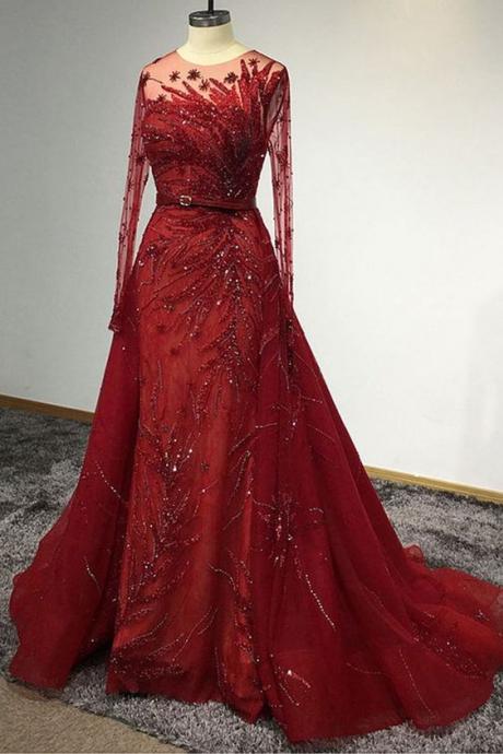 Unique Red Tulle Beaded Long Mermaid Chapel Train Prom Dress, Formal Dress M1567