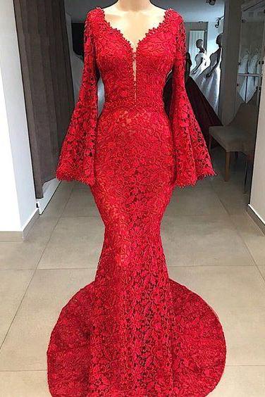 Long Sleeve Red Lace Prom Dresses Custom Made Sexy Mermaid V Neck Formal Evening Dress For Women M1569