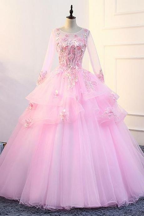 Pink Ball Gown Tulle Appliques Long Sleeve Quinceanera Dresses Formal Evening Dress For Women M1571