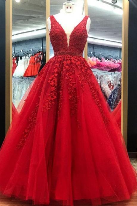 Elegant Red Long Prom Dress With Lace Appliques M1575