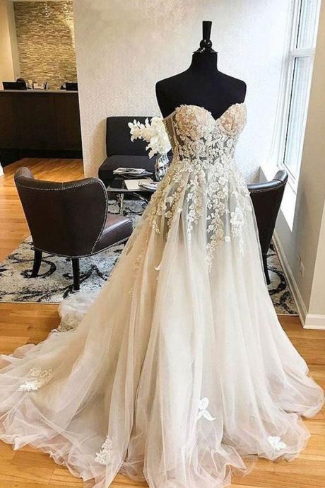 White Sweetheart Lace Applique Tulle Wedding Dress, Lace Wedding Gown M1580